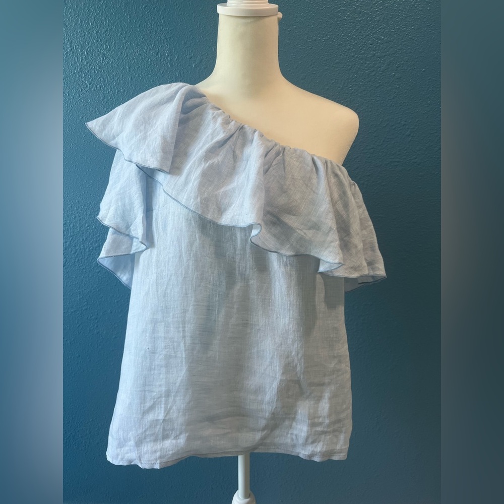 Vineyard Vines Blue Linen One Shoulder Ruffle Detail Top NWT Size M